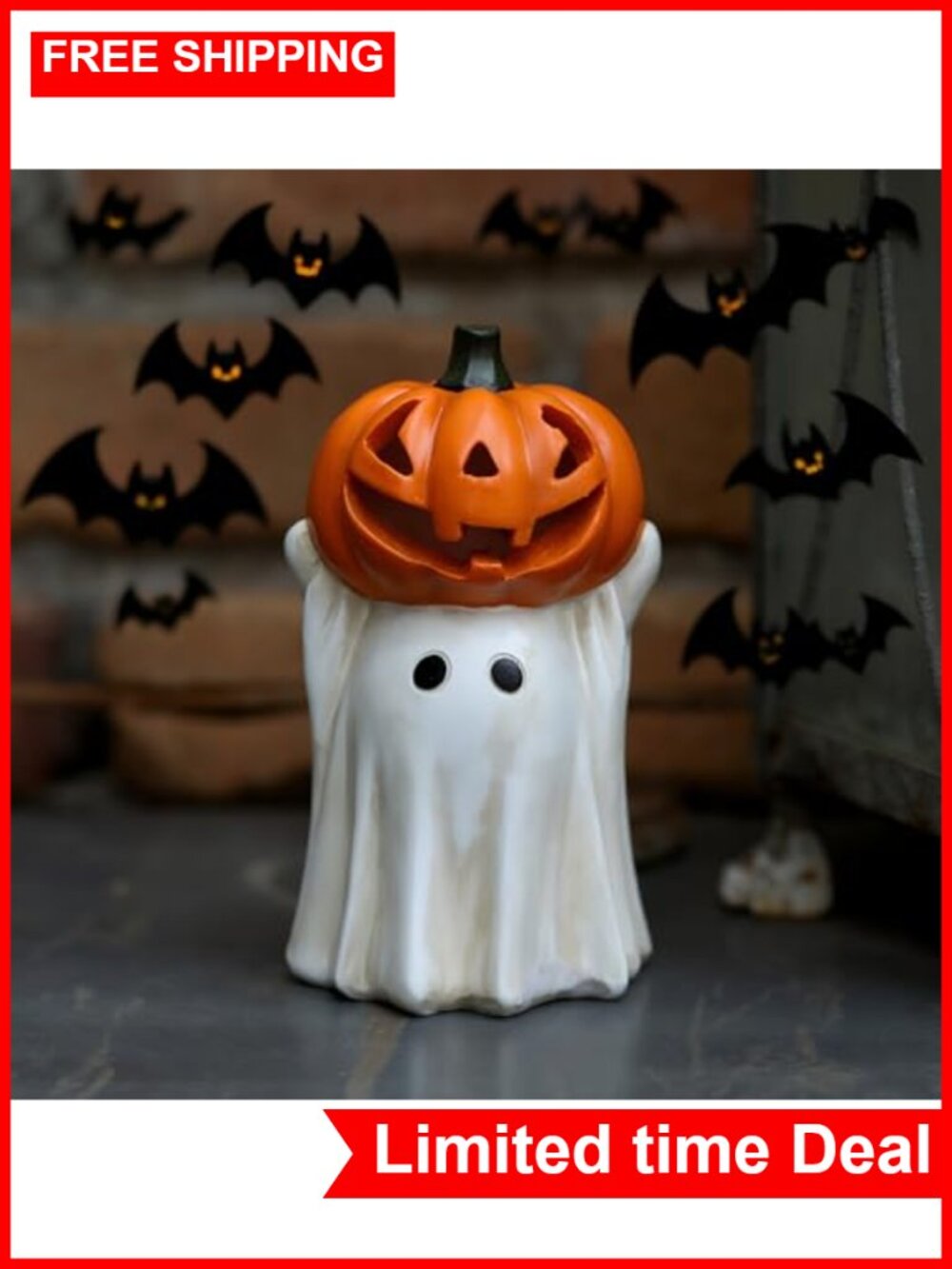 Light-Up Halloween Ghost Decoration with Jack-o'-Lantern Head LED Tabletop